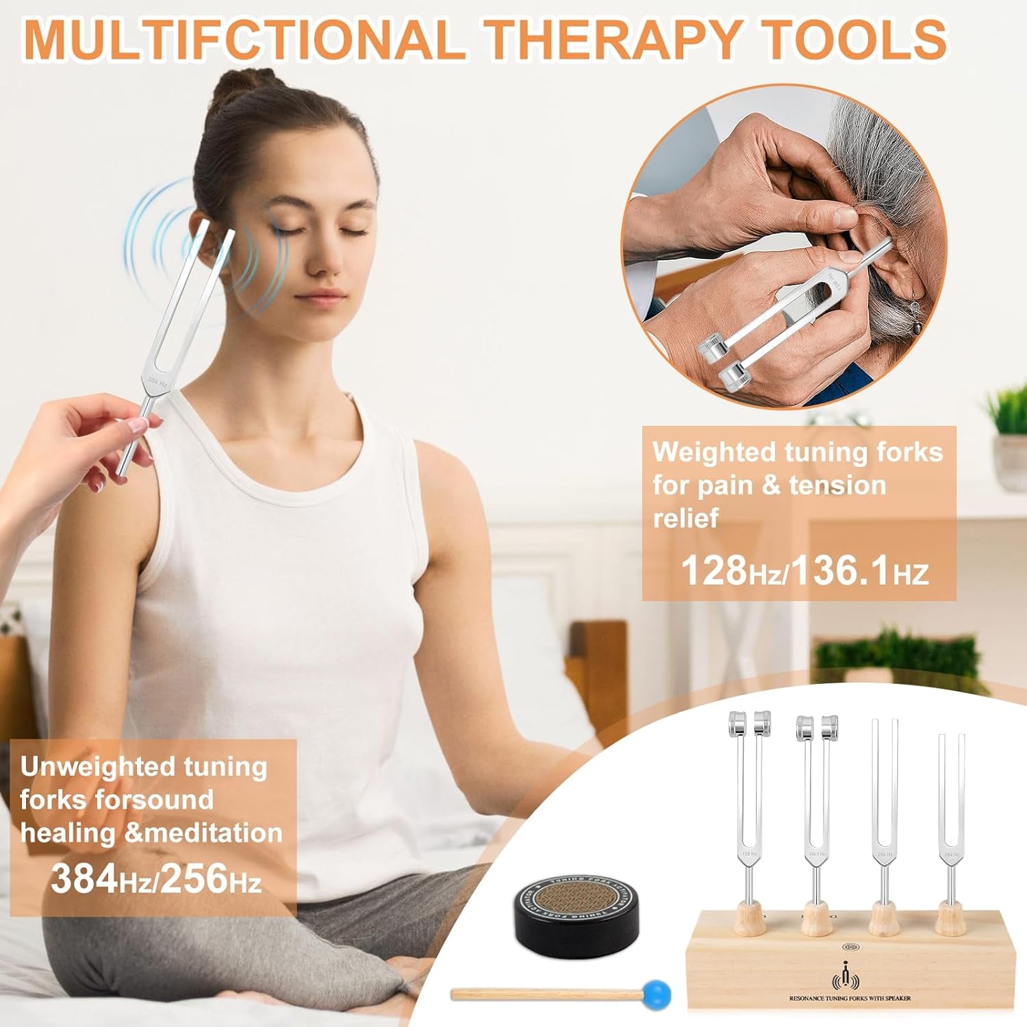 Tuning Forks for Healing Set – Includes 128Hz, 136Hz, 256Hz, 384Hz, & Activator, Bamboo Base, Rubber Hammer, Portable in Black Luggage – Sound Healing Instruments for Chakra, Yoga, and Meditation